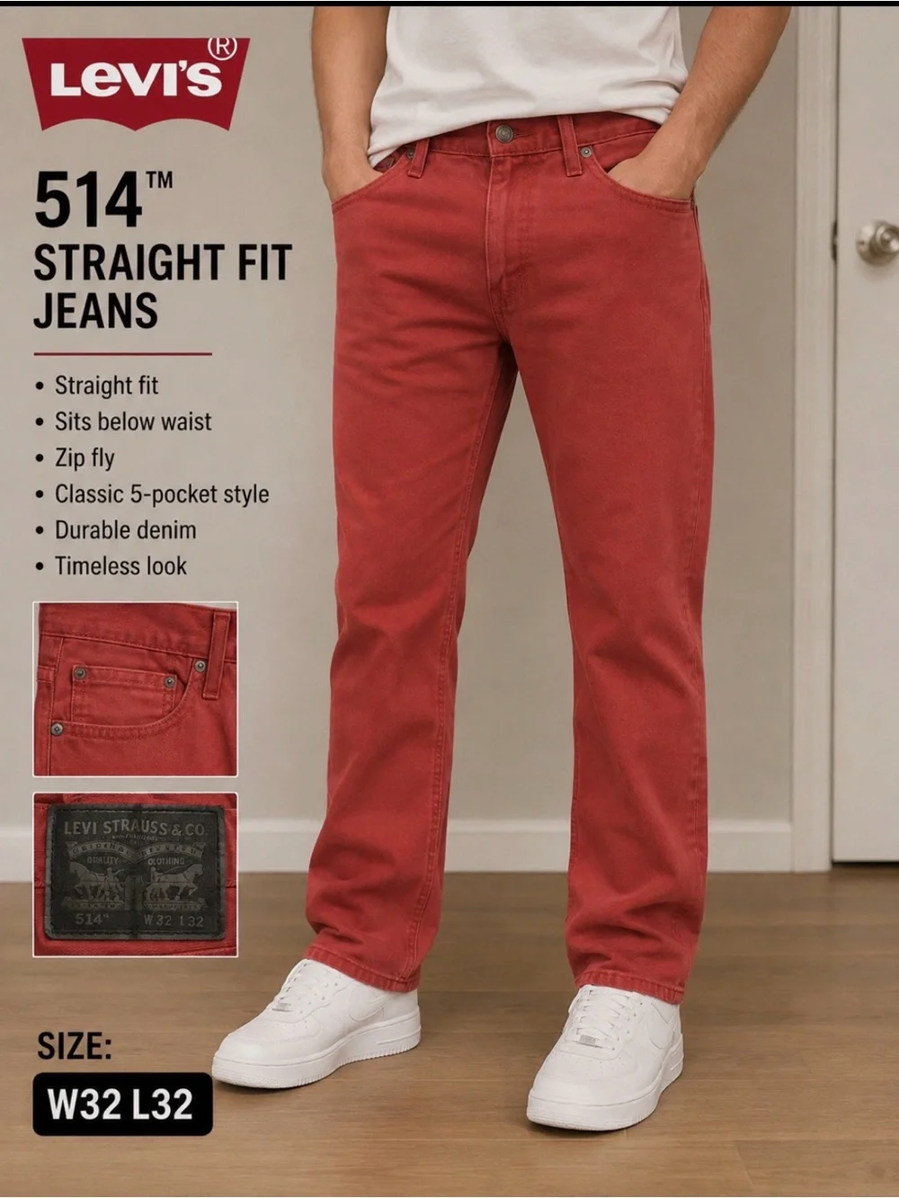 Levi’s 514 Straight Fit Brick Red Jeans Men’s W32 L32